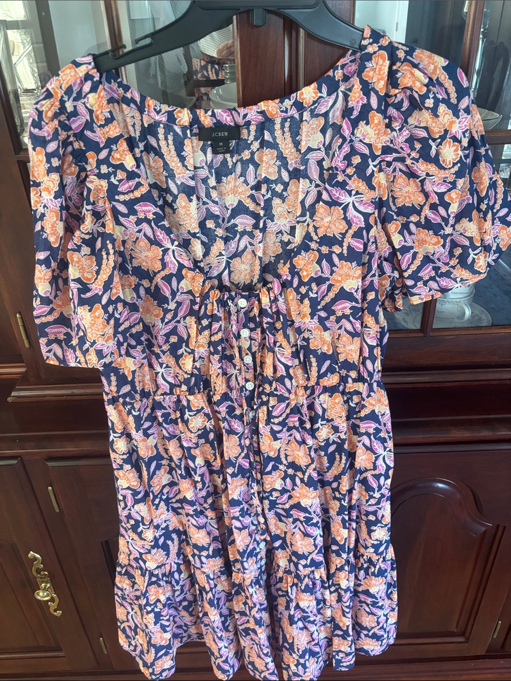 J. Crew Navy Floral Midi Dress with Peach and Lavender Blooms